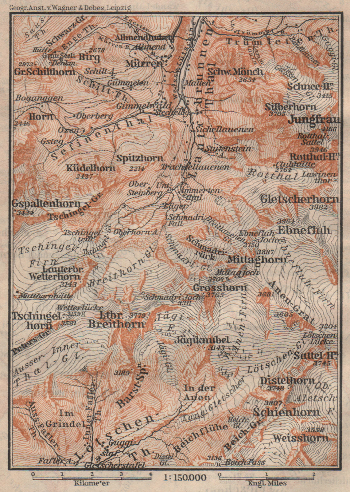 UPPER LAUTERBRUNNEN VALLEY/WALL. Mürren Grosshorn Jungfrau. SMALL 1905 old map